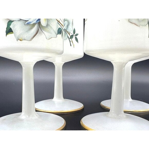 Norleans Frosted Wine Glass White Satin Art Italy Blue Flowers 24K Gold Trim Set - Picture 11 of 13